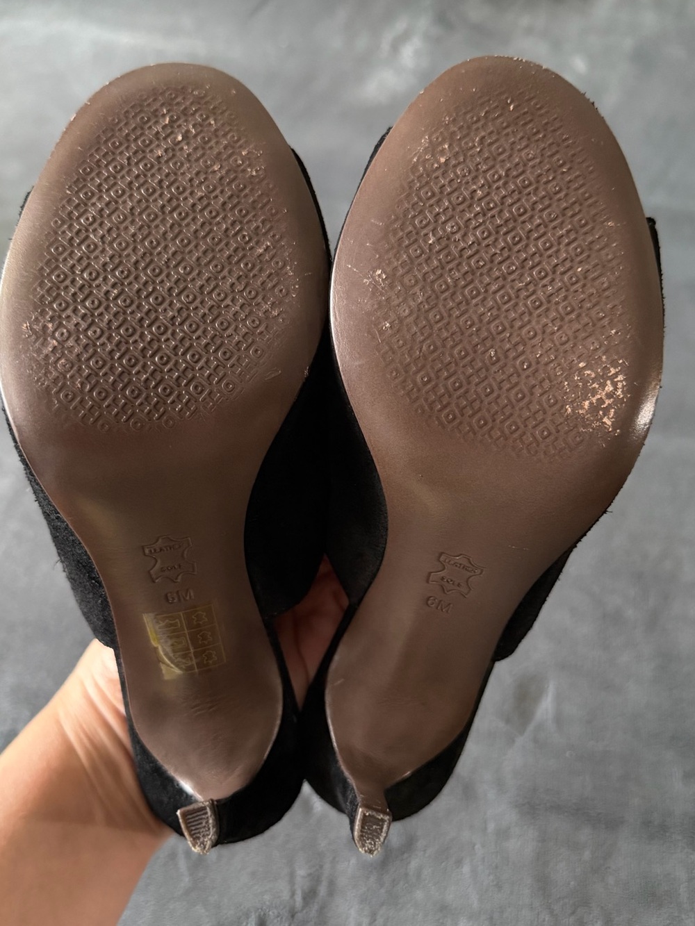 Tory Burch Black Suede Peep-Toe Stiletto Sandals with Gold Buckle - Picture 8 of 14